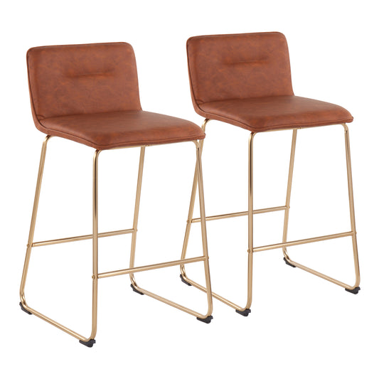 Aveluxi - Set of 2 - 21" Camel Faux Leather Counter Stools with Gold Metal Frame