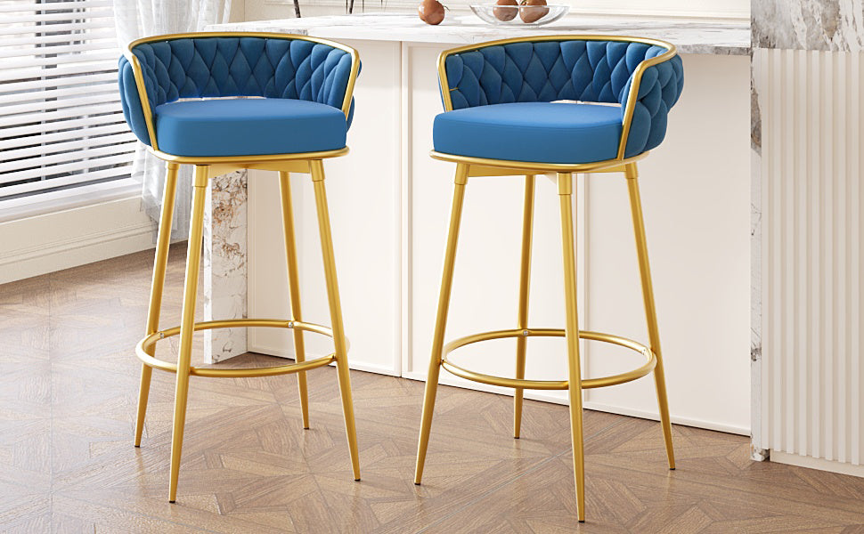 Lyma - Set of 2 - 30" Swivel Counter Height Bar Stools with Hand-Woven Backrest & Gold Metal Legs, Upholstered Velvet Kitchen Chairs in Blue