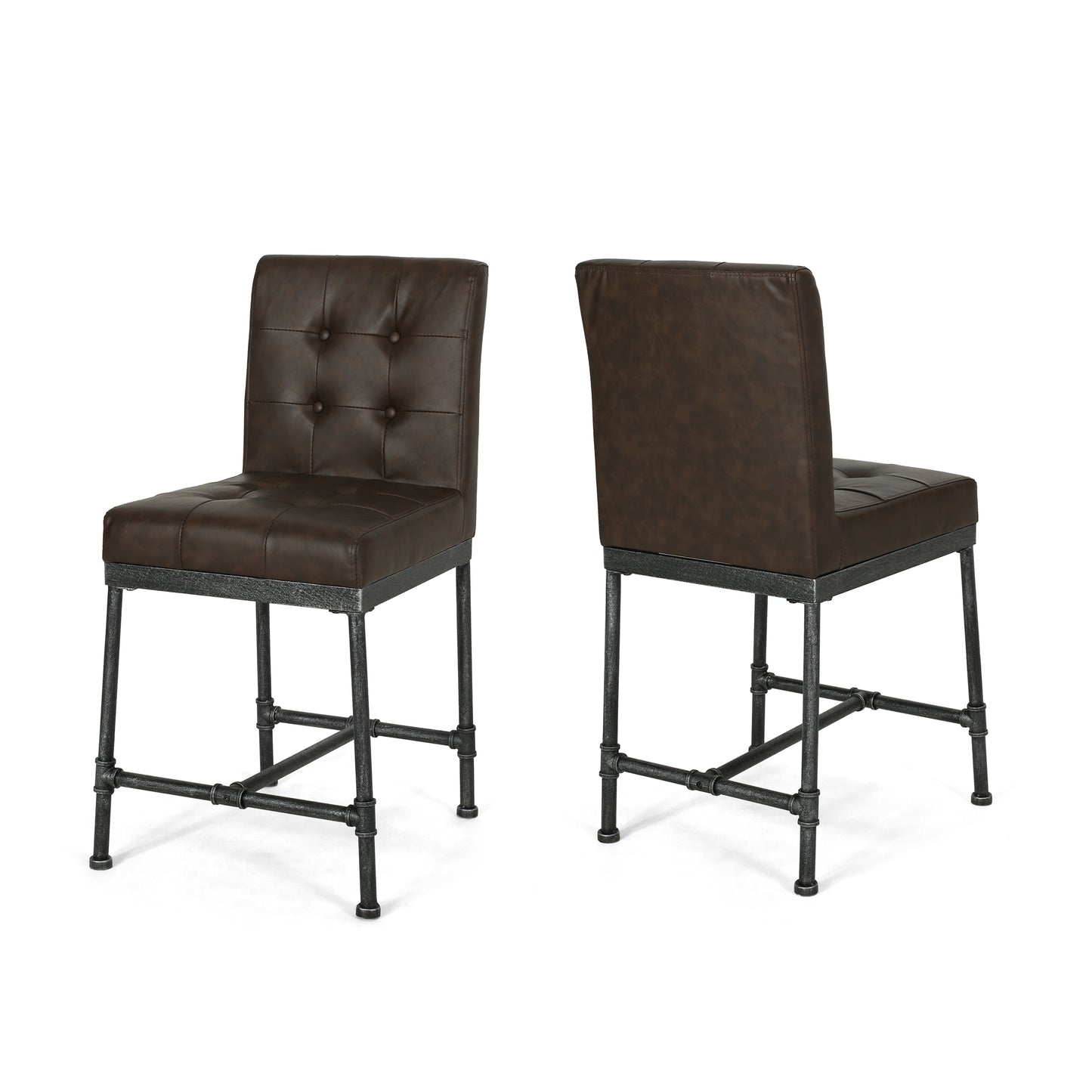 Naya – Set of 2 – 24" Dark Brown Upholstered Counter Stools with Industrial Metal Frame and Piping Details