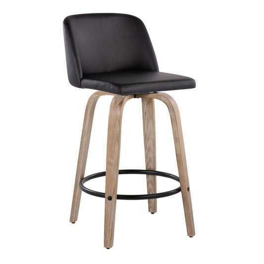 Levian - Set of 2 - 26" Whitewashed Wood & Black Faux Leather Swivel Counter Stools with Round Black Metal Footrest