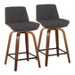 Corvina - Set of 2 - 24" Mid-Century Modern Charcoal Fabric Counter Stools with Walnut Wood Swivel Base and Black Metal Footrest