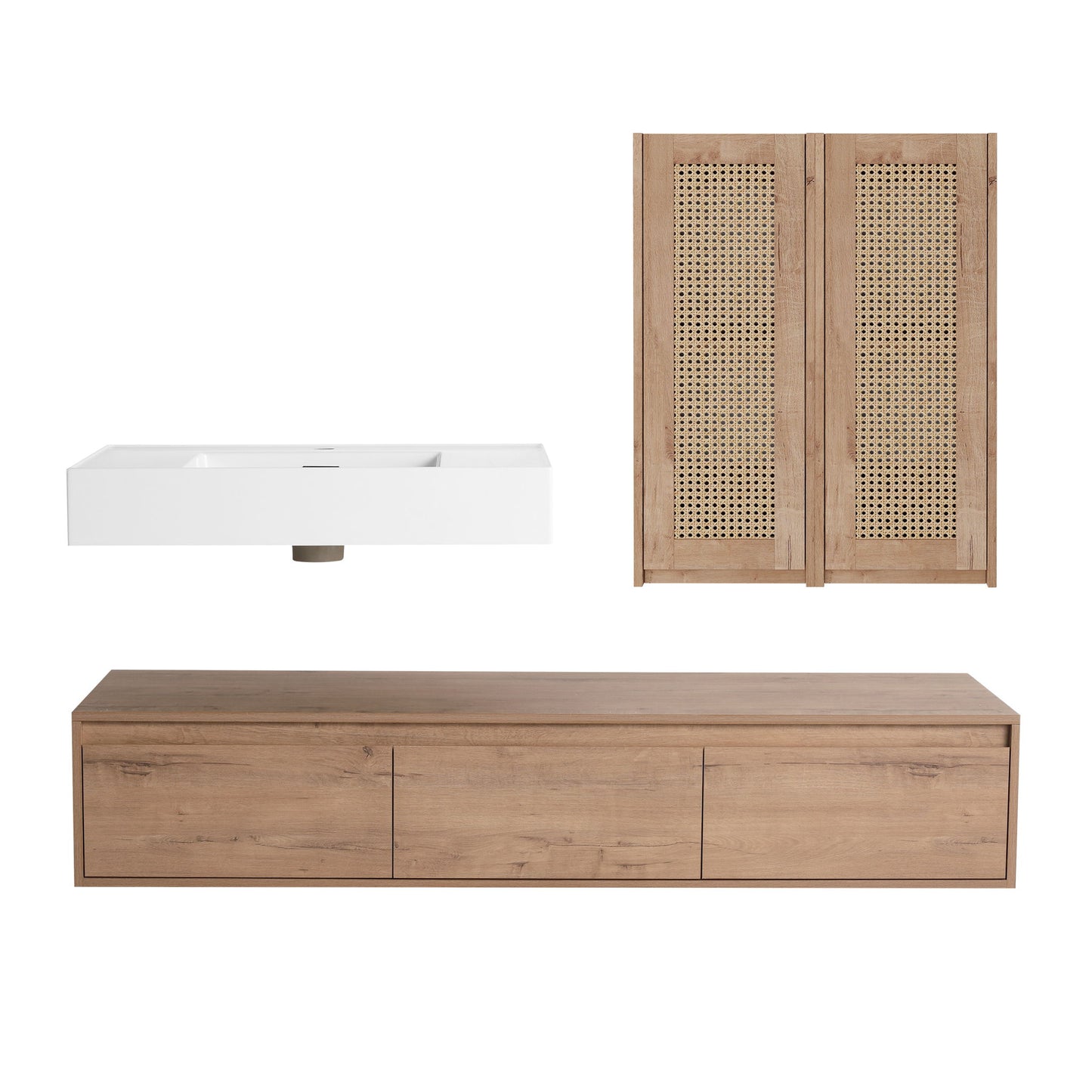 Modern Wall Mounted Bathroom Vanity With Resin Sink And 2 Side Cabinet, Construction - Imitative Oak