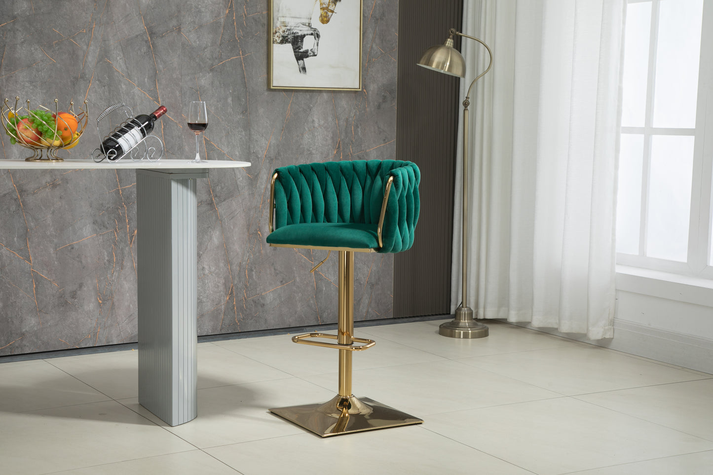 Harstone - Set of 2 - 26" Adjustable Counter Height Emerald Green Velvet Vintage Bar Stools with Silver Metal Legs