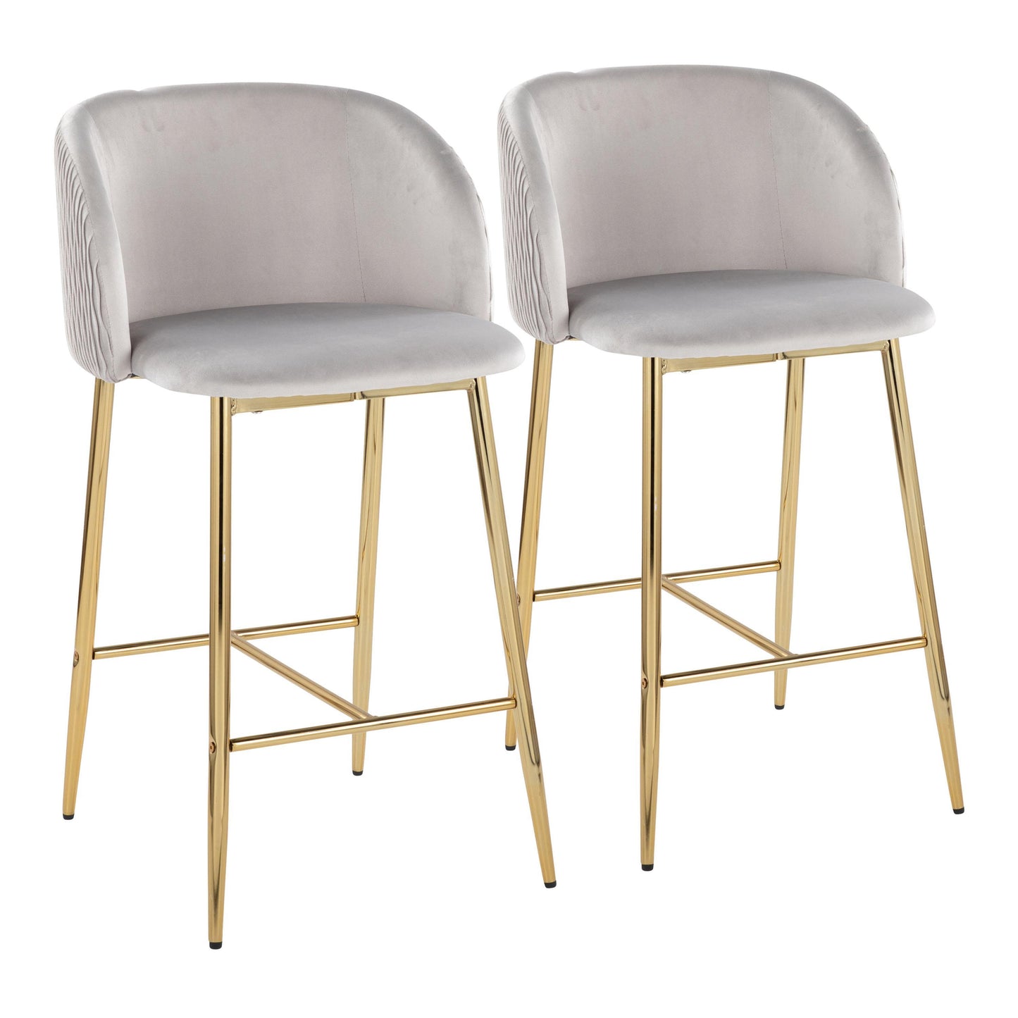 Foxwood - Set of 2 - 24" Silver Velvet Pleated Waves Counter Stools with Gold Metal Base