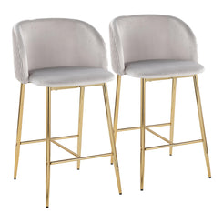 Foxwood - Set of 2 - 24" Silver Velvet Pleated Waves Counter Stools with Gold Metal Base