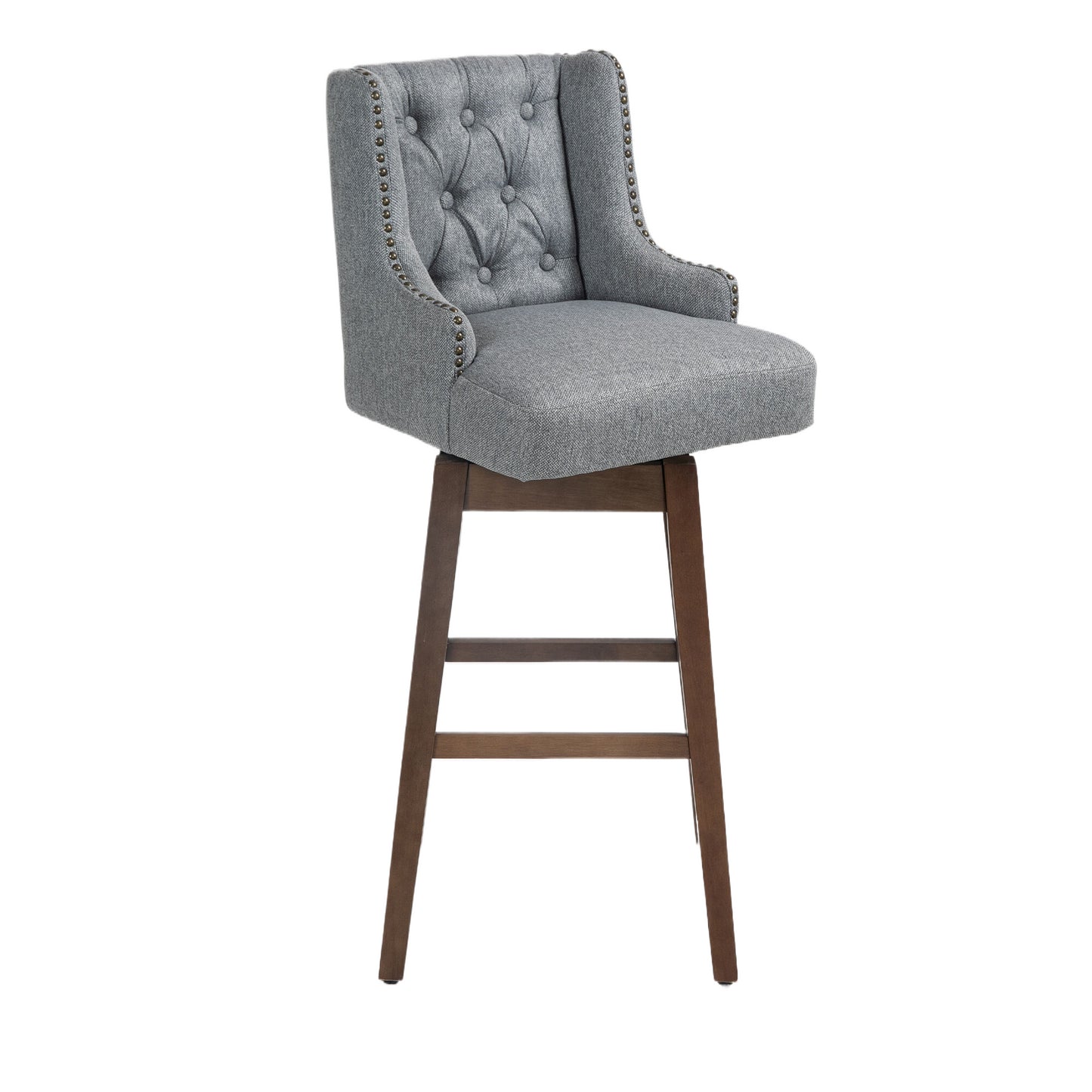 Eric - Set of 2 - 30" Gray Linen Swivel Bar Stools with Button-Tufted Backrest, Solid Wood Legs, Seat Height