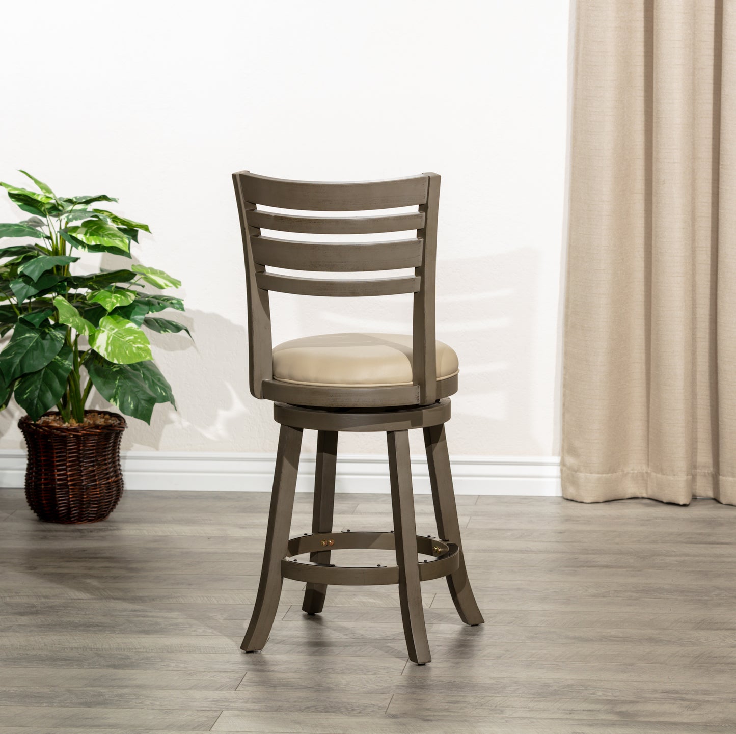 Tynora - Set of 2 - 24" Mid-Century Modern Counter Stools with Cream Faux Leather, Walnut Wood Frame, and Black Footrest