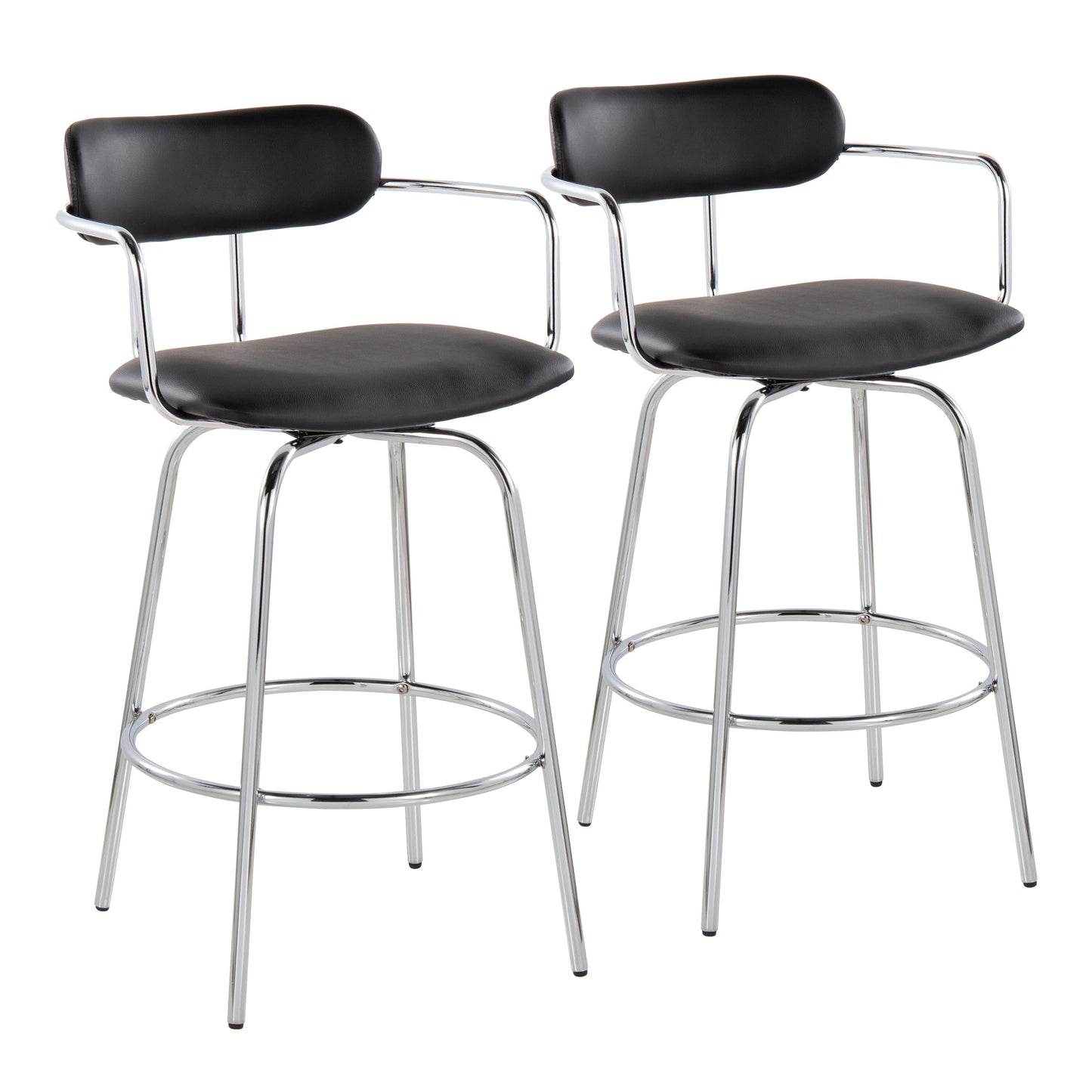 Demi - Set of 2 - 26" Black Faux Leather Counter Stools with Chrome Swivel Frame and Round Footrest