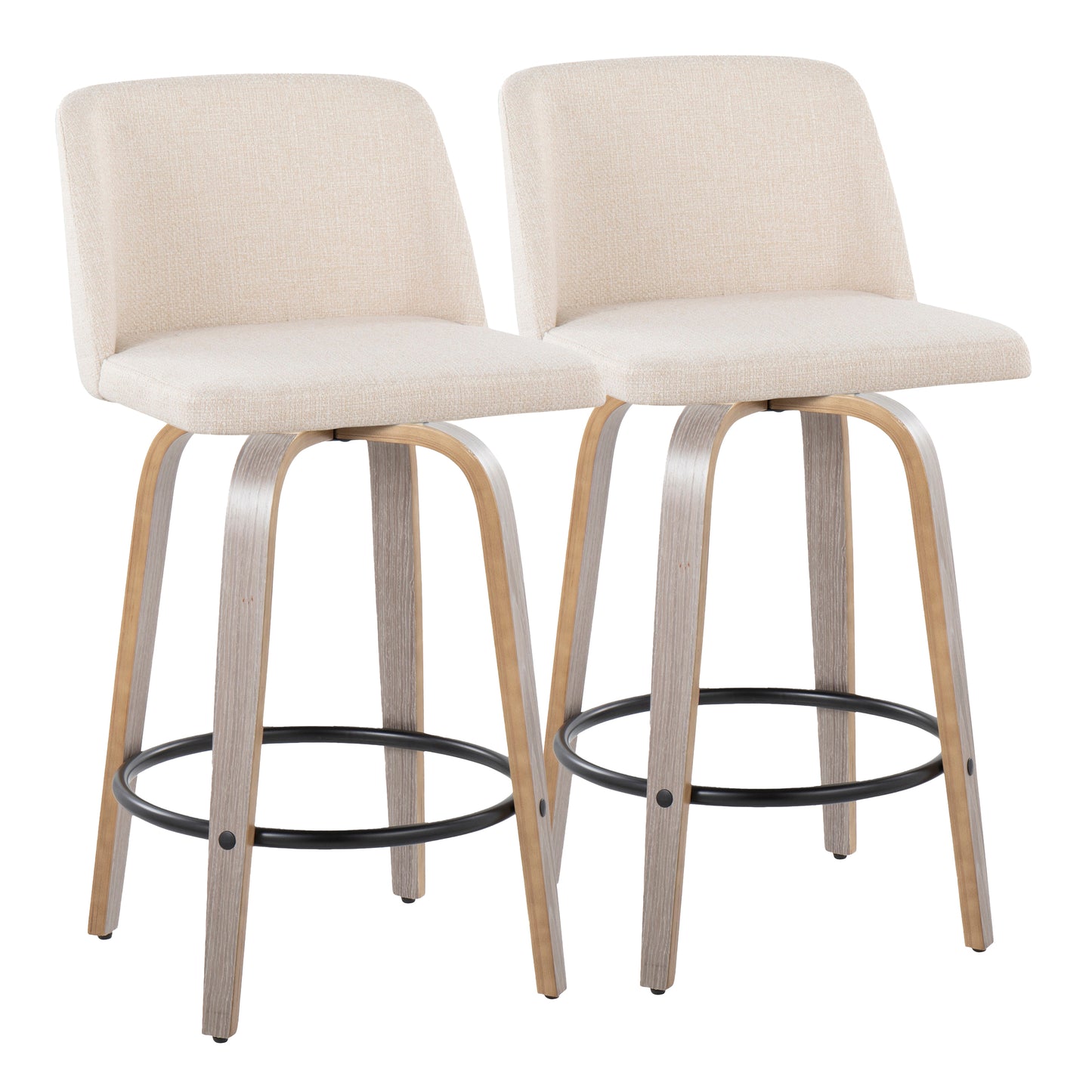 Tylar - Set of 2 - 24" Light Grey Swivel Counter Stools with Cream Upholstered Seats and Black Round Metal Footrest