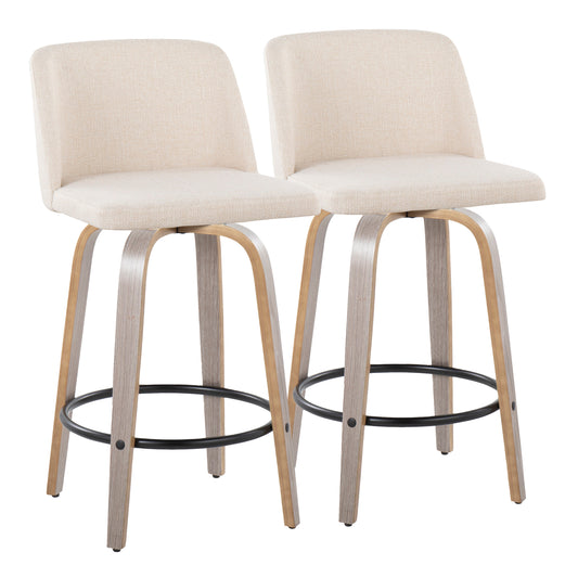 Tylar - Set of 2 - 24" Light Grey Swivel Counter Stools with Cream Upholstered Seats and Black Round Metal Footrest