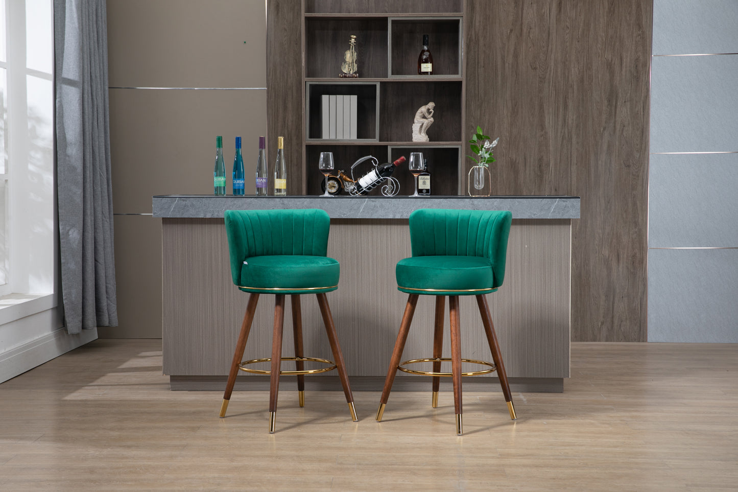 Monial - Set of 2 - 28" Emerald Swivel Bar Stools with Backrest, Footrest, and Solid Wood Legs