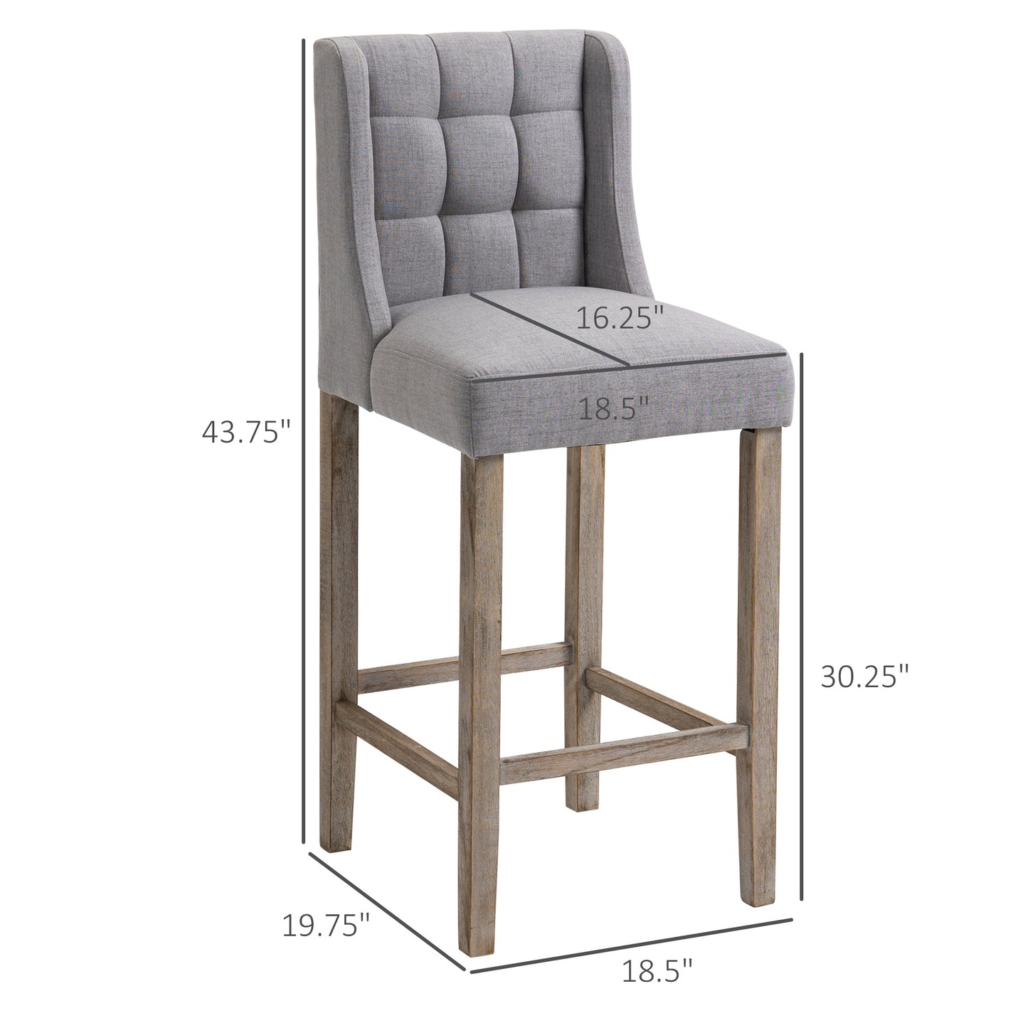 Kamille - Set of 2 - 30.25" Grey Tufted Upholstered Bar Stools with Back, Seat Height, Rubber Wood Legs, Modern Design for Kitchen & Dining Room