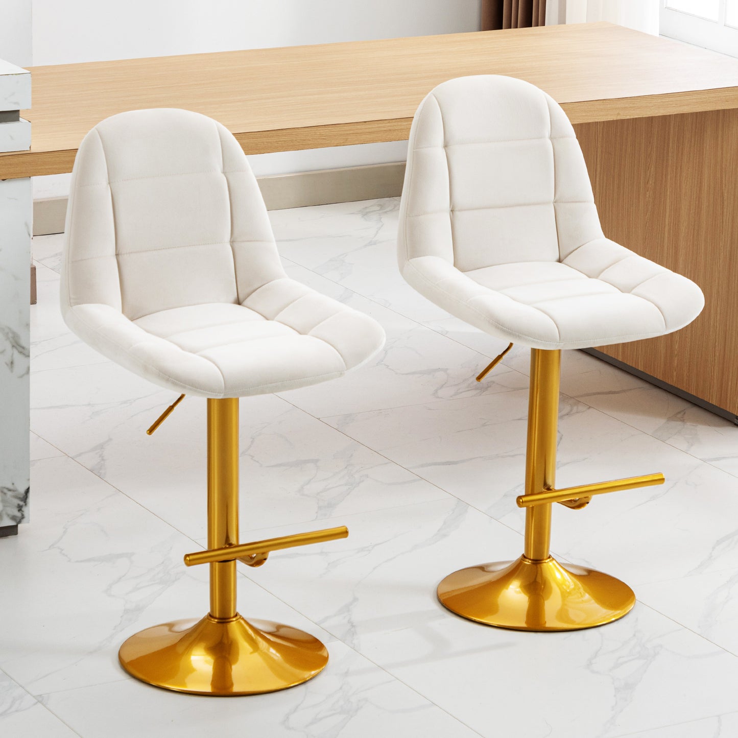 Vallore - Set of 2 - 24" Swivel Bar Stools White & Gold Adjustable Counter Height with Back – Modern Design for Kitchen Island and Dining Room