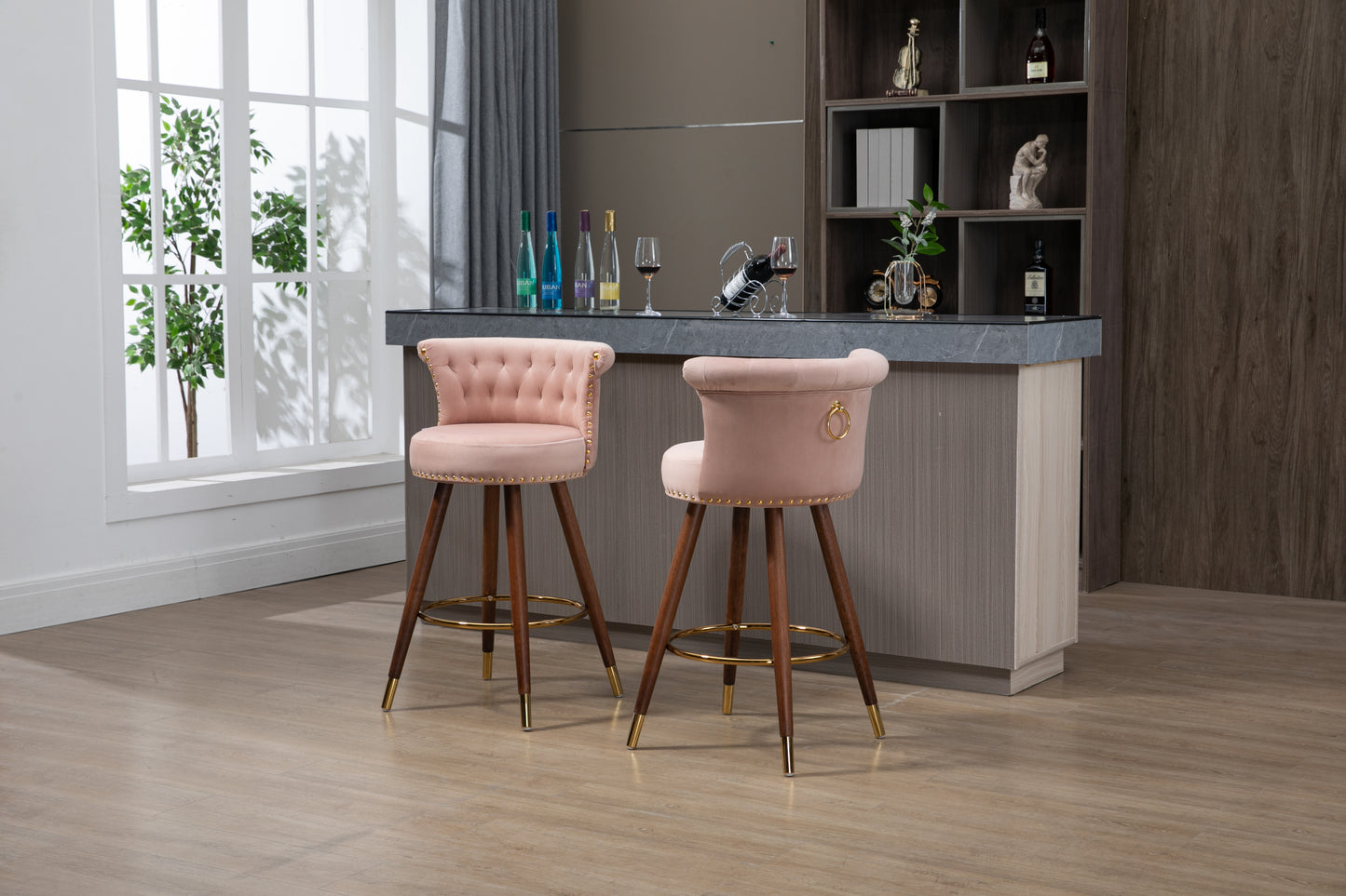 Viatora - Set of 2 - 27" Pink Swivel Solid Wood Bar Stools with High Back and Footrest