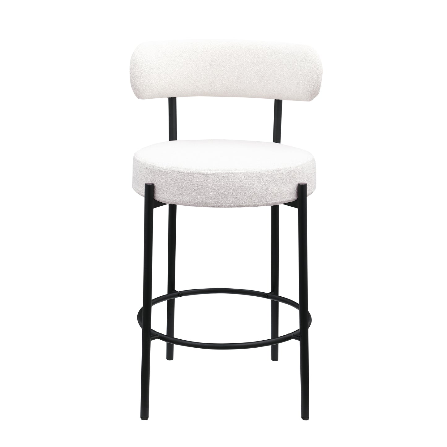 Vibrance Set of 2 White Bouclé Upholstered Counter Height Stools with Black Metal Legs 26” Seat Height, Modern Dining Chairs