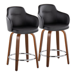 Cresvar - Set of 2 - 24" Black Faux Leather Swivel Counter Stools with Walnut Wood Base and Chrome Footrest