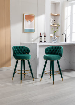 Lurian - Set of 2 - 28" Emerald Velvet Swivel Counter Height Bar Stools, Solid Wood Legs, Ergonomic Backrest, Retro Design