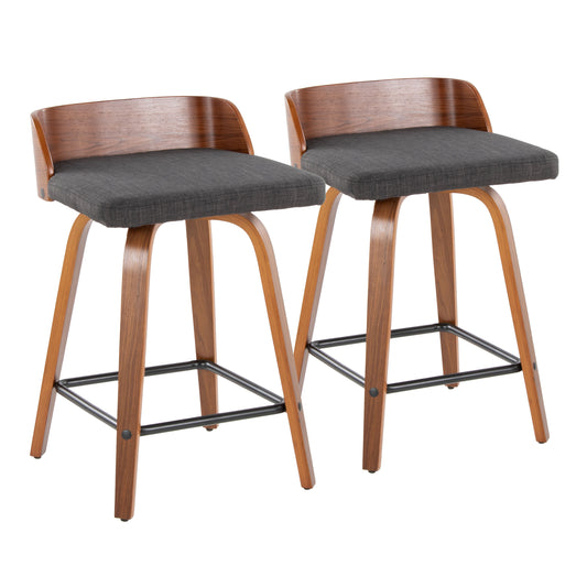 Maya - Set of 2 - 24" Charcoal Fabric Swivel Counter Stools with Walnut Wood and Black Metal Footrest