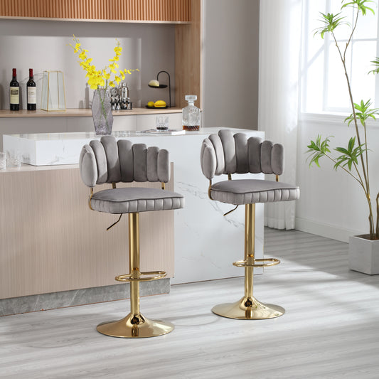 Solenith- Set of 2 - 24-33" Adjustable Velvet Swivel Bar Stools with Footrest and Gold Iron Legs in Grey