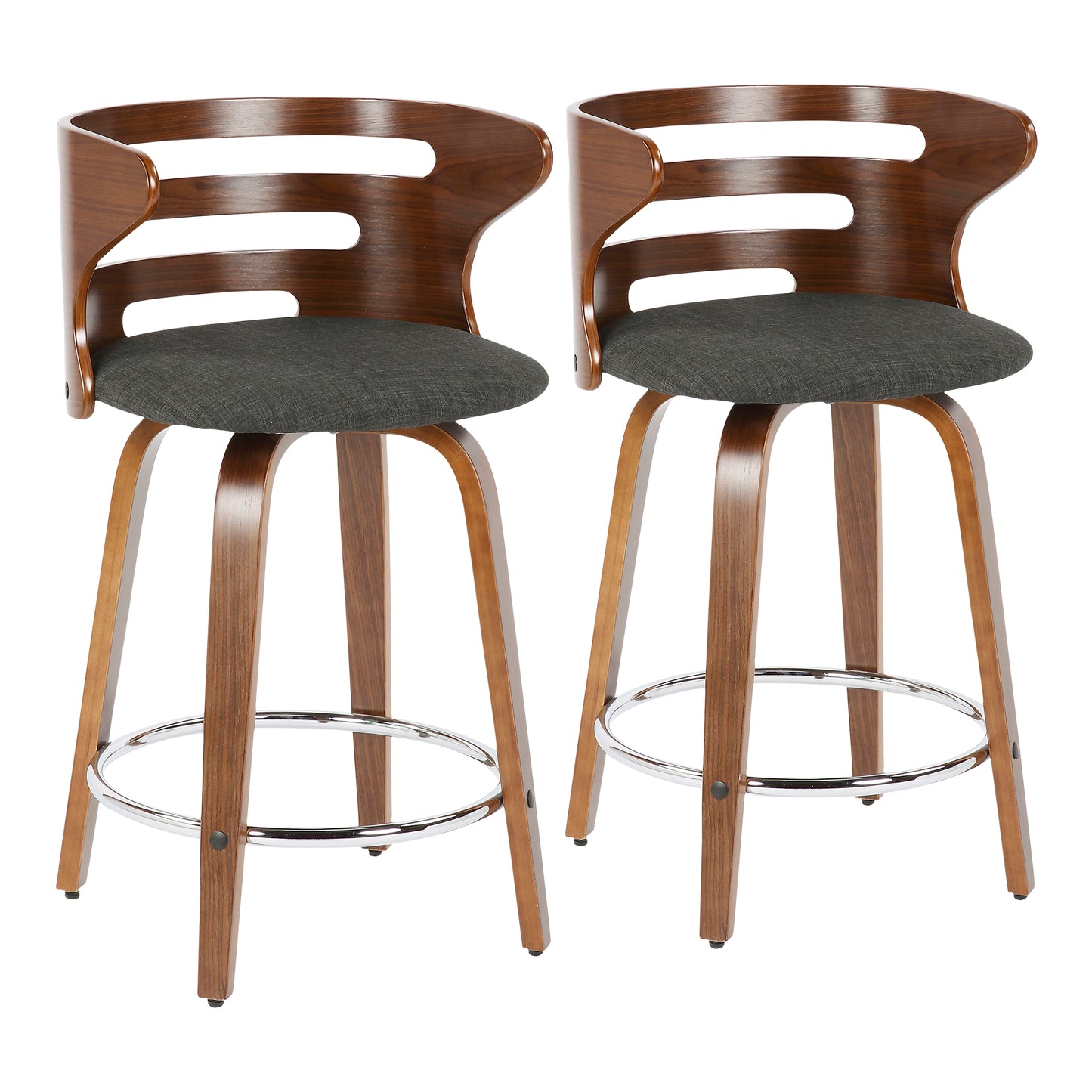 Emiliano - Set of 2 - 26" Mid-Century Modern Swivel Counter Stools with Walnut Wood and Charcoal Fabric