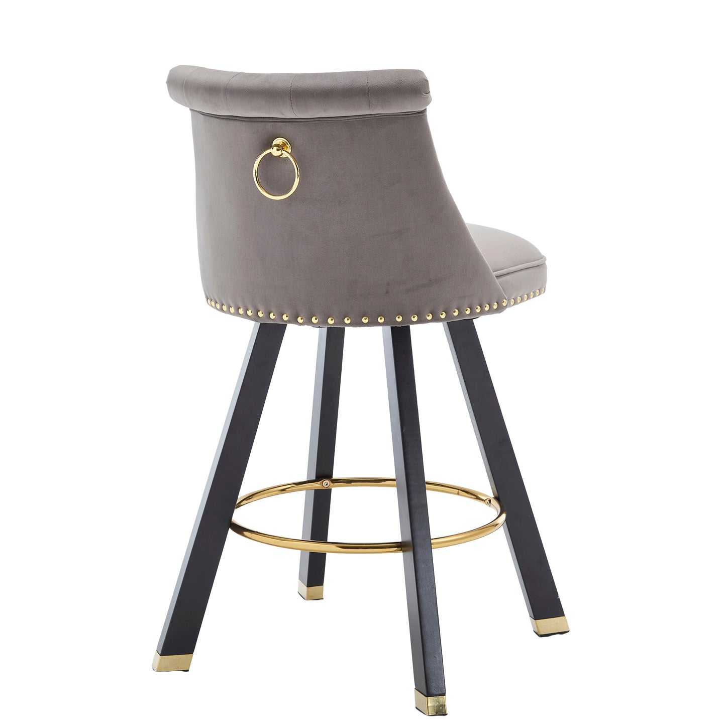 Evra - Set of 2 - Dark Gray Velvet Bar Stools with 360° Swivel, Rivet Detailing, and 26" Seat Height