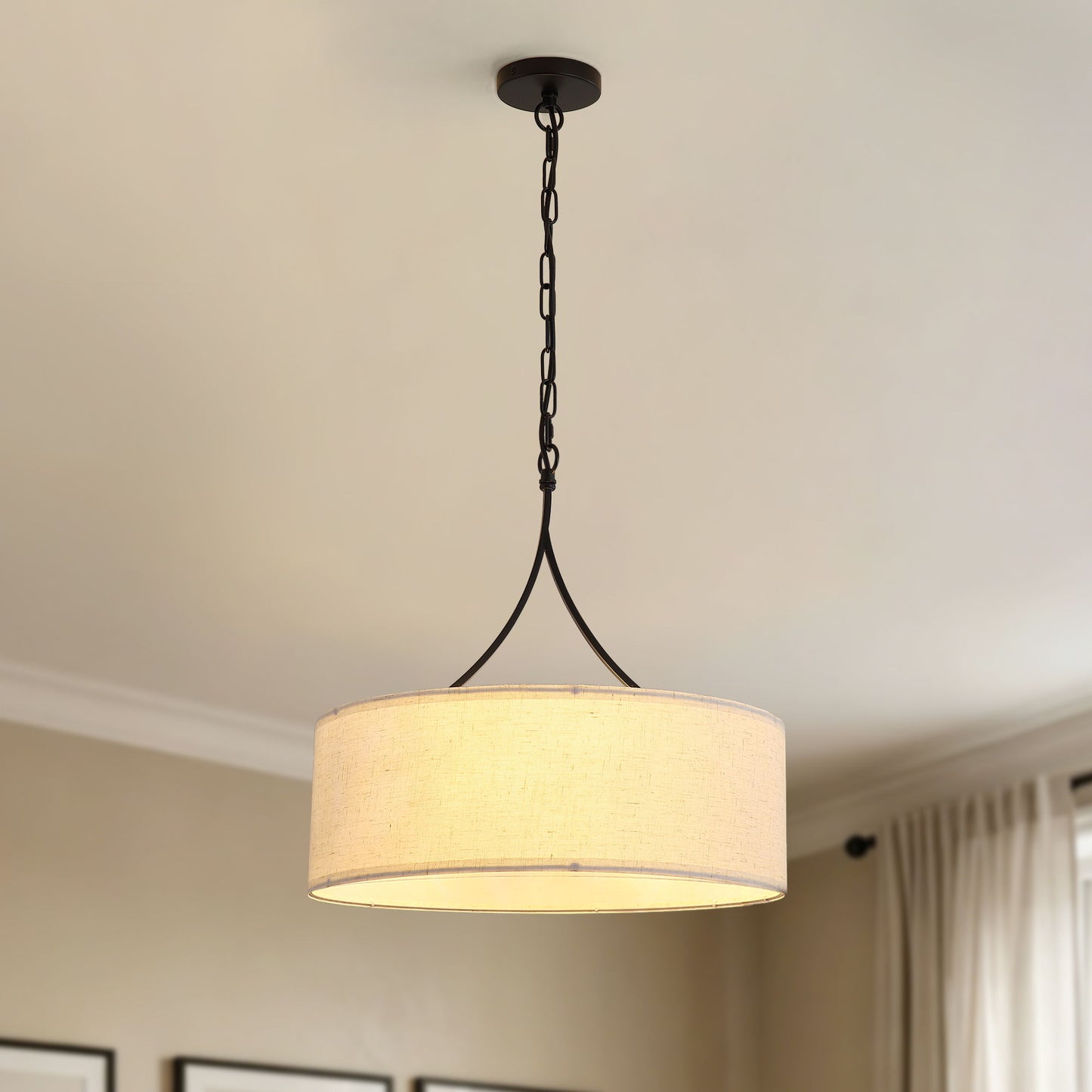 3 Light Pendant Light Adjustable Drum Chandelier, Shade Ceiling Light Fixture - Beige White / Black