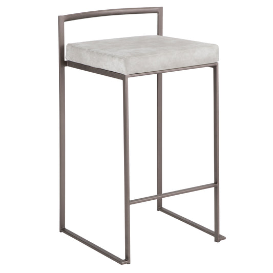 Lenn - Set of 2 - 24" Industrial Stackable Counter Stools with Antique Grey Finish and Light Grey Cowboy Fabric Cushion