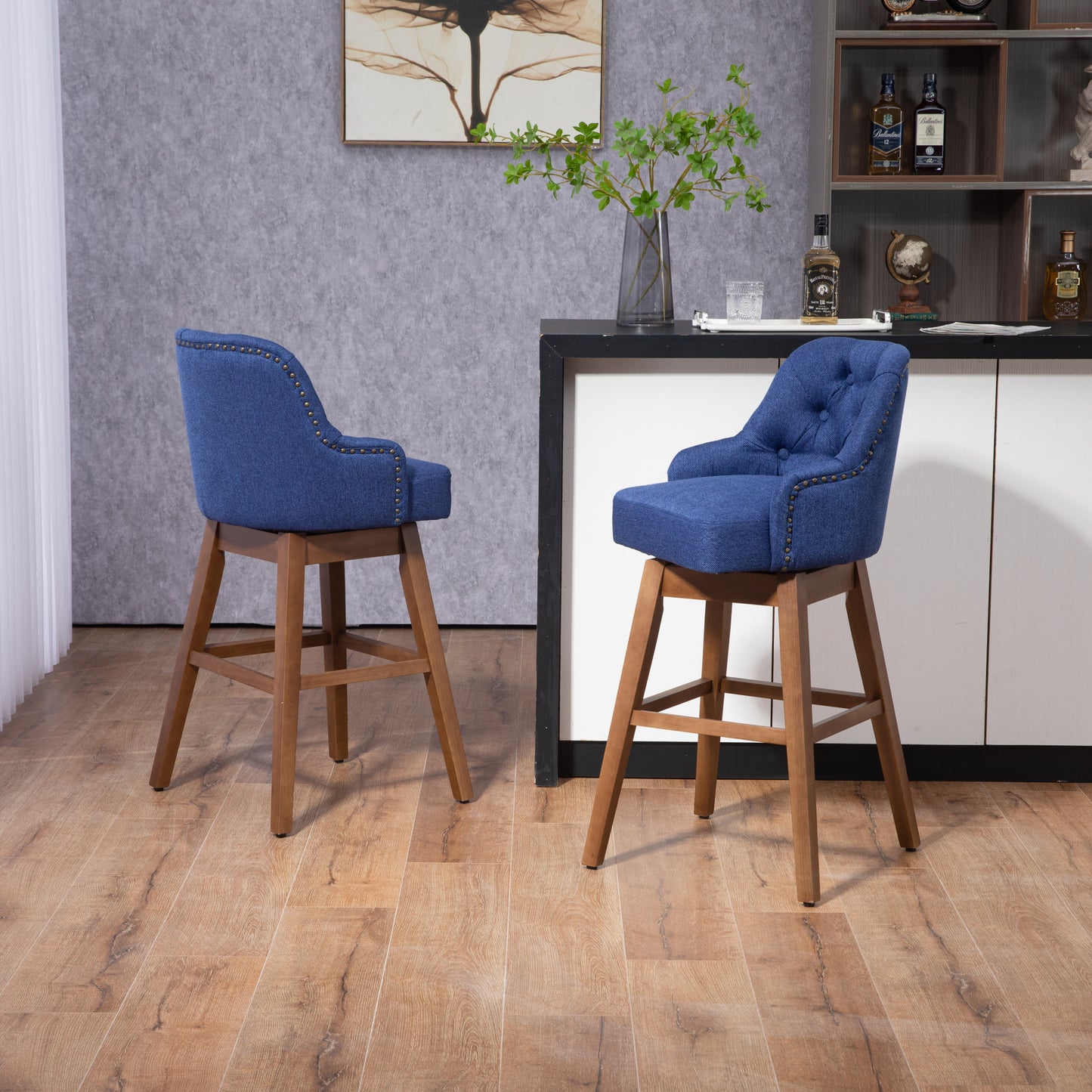 Holmwood - Set of 2 - 28" Navy Linen Swivel Bar Stools with Solid Wood Legs, 360° Counter Height Chairs for Kitchen & Dining Room