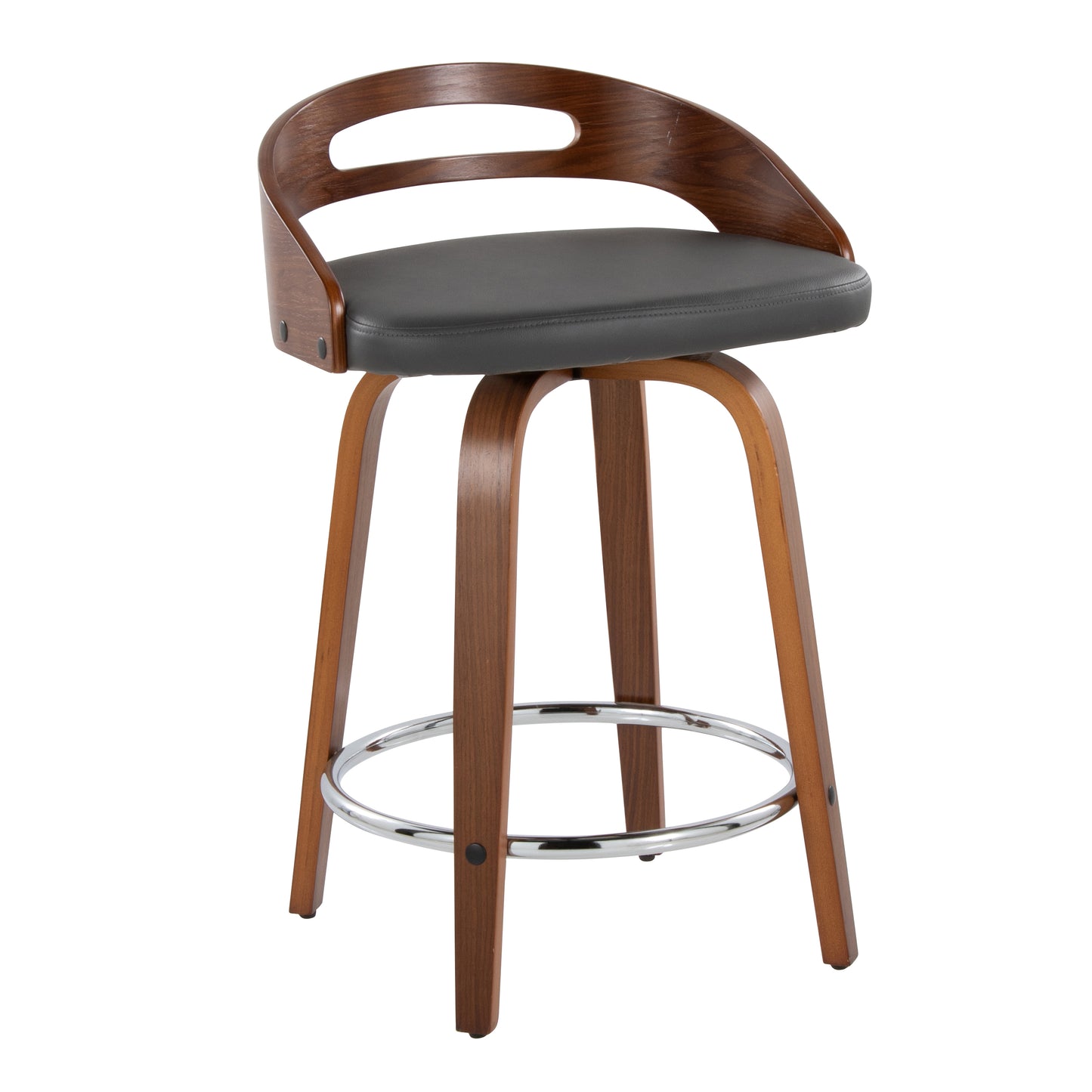 Hesperides - Set of 2 - 24” Walnut Counter Stools with Grey Faux Leather and Chrome Footrest, Swivel Design