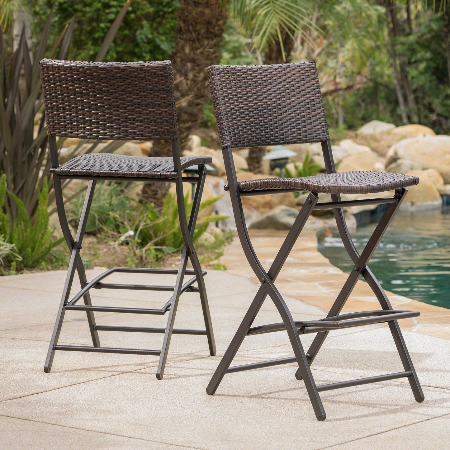 Haverstone - Set of 2 - 28" Multibrown Wicker Barstools, Foldable Faux Rattan Patio Chairs with Iron Frame