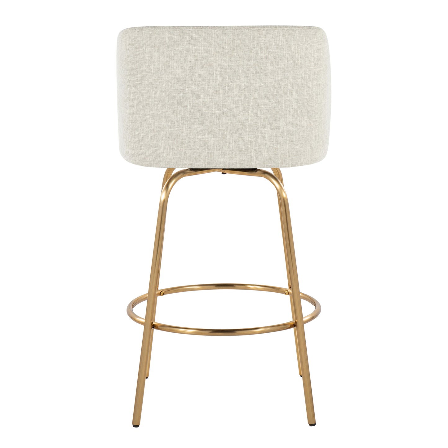 Turanith - Set of 2 - 26" Swivel Counter Stools with Cream Fabric Upholstery, Gold Metal Frame, and Round Footrest