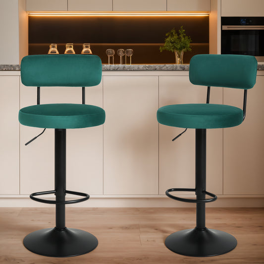 Hendrio - Set of 2 -  24.5"-30.5" Green Velvet Adjustable Bar Stools with Curved Backrest, Swivel Counter Height