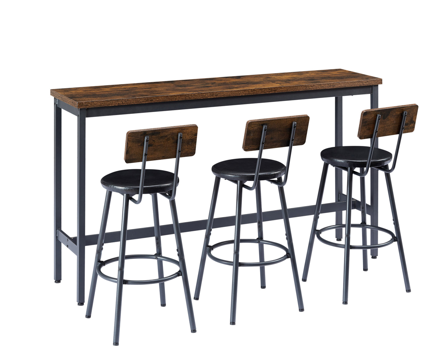 Hartford - Set of 4 - 26" Rustic Brown & Black Industrial Bar Table with Upholstered PU Stools, Adjustable Foot Pads, 63″L x 15.7″W x 37.5″H