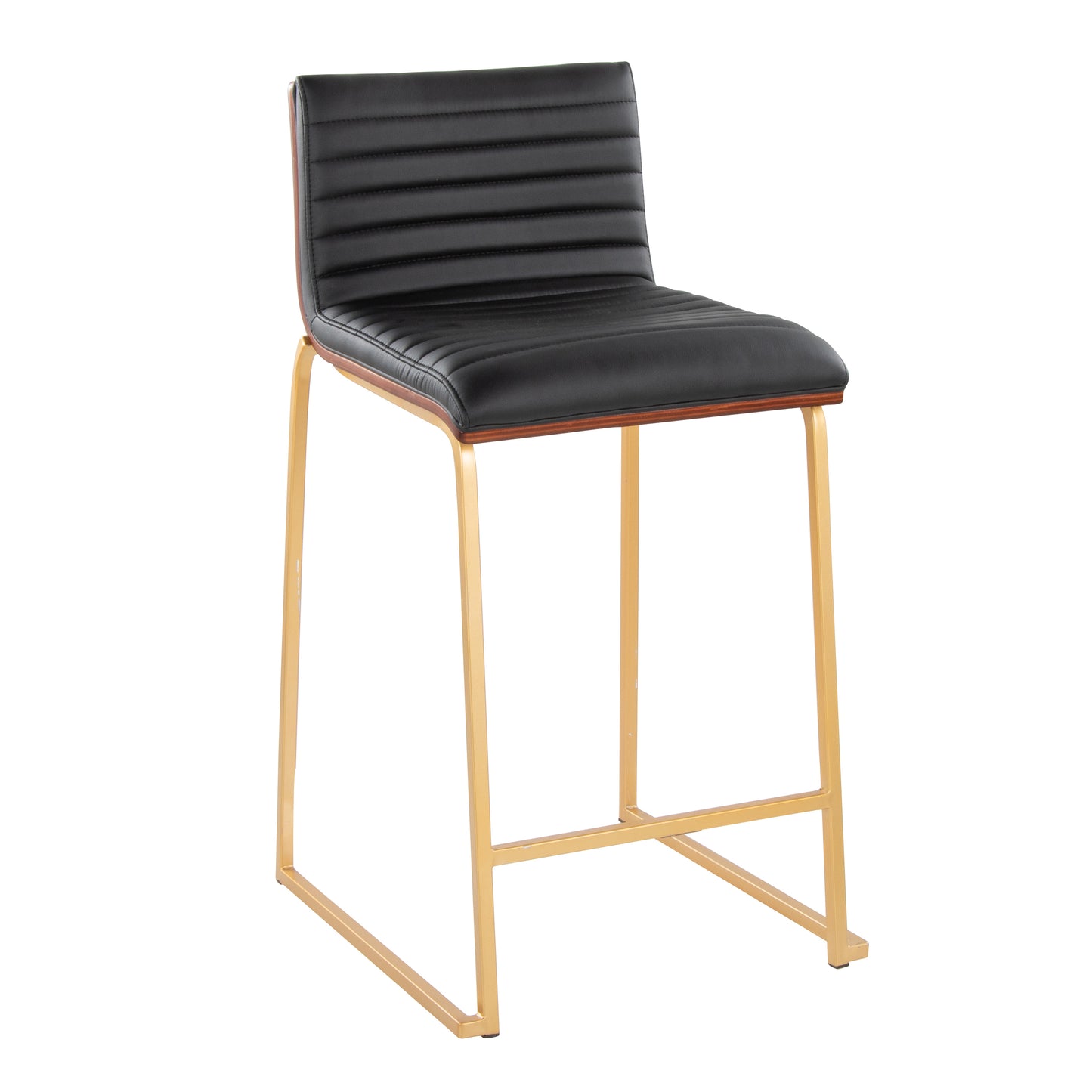 Mistrone - Set of 2 - 26" Fixed-Height Counter Stools with Gold Metal Frame, Walnut Wood, and Black Faux Leather