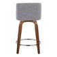 Hendrix - Set of 2 - 26" Walnut Wood Counter Stools with Grey Fabric Swivel Seats and Chrome Footrest