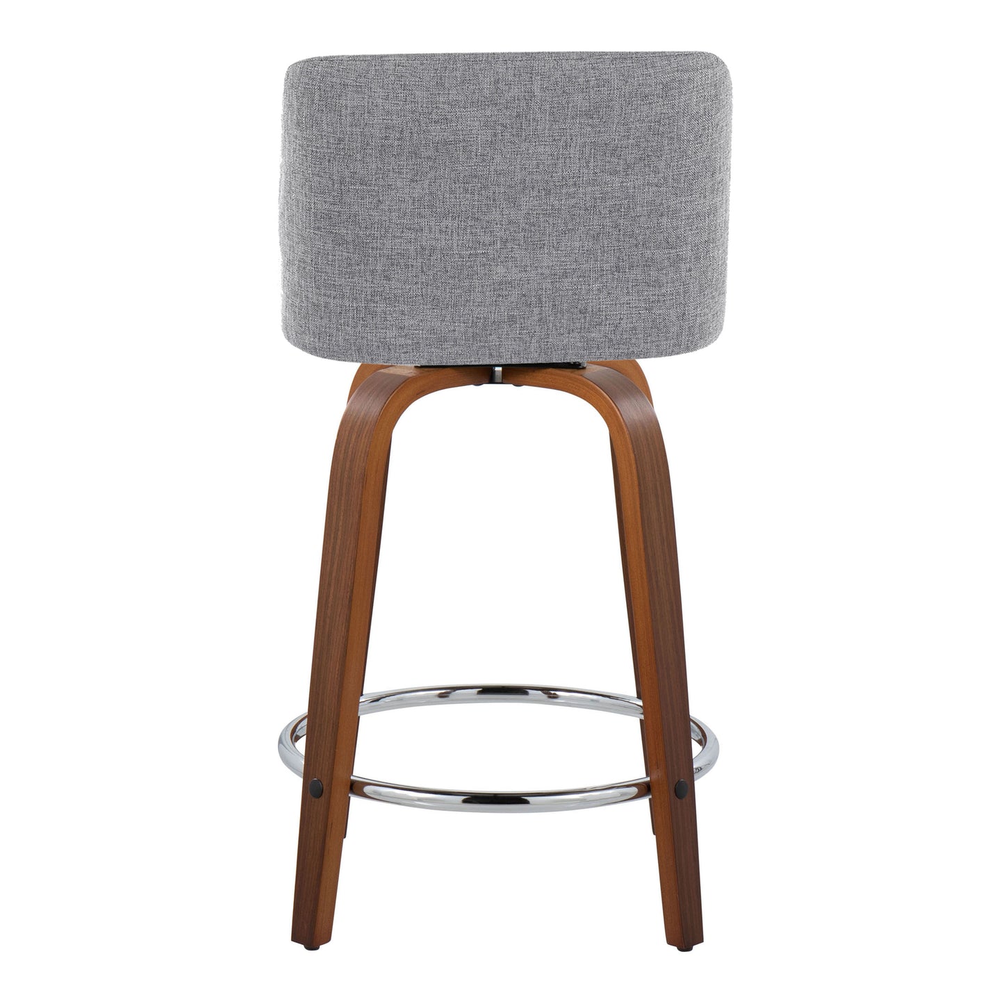 Hendrix - Set of 2 - 26" Walnut Wood Counter Stools with Grey Fabric Swivel Seats and Chrome Footrest