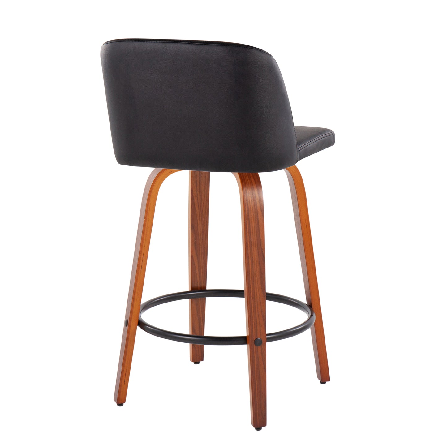 Thryvenix - Set of 2 - 20" Mid-Century Modern Counter Stools with Walnut Wood Frame, Black Faux Leather Upholstery, and 360-Degree Swivel Design