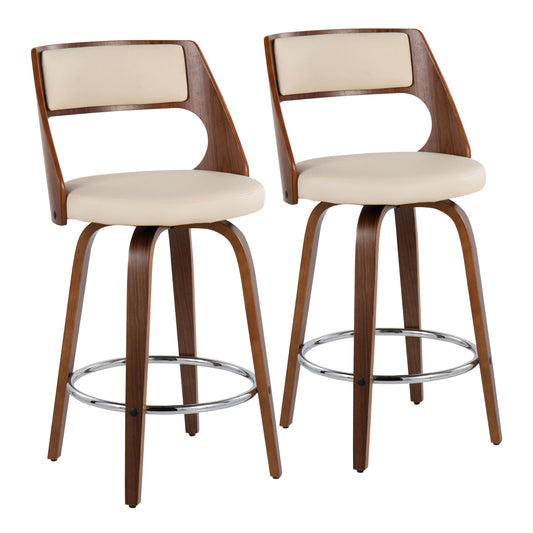 Elvira - Set of 2 - 26" Walnut and Cream Swivel Counter Stools with High Back and Faux Leather Upholstery