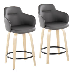 Brennan - Set of 2 - 24" Grey Faux Leather Counter Stools, Natural Wood with 360° Swivel & Black Footrest