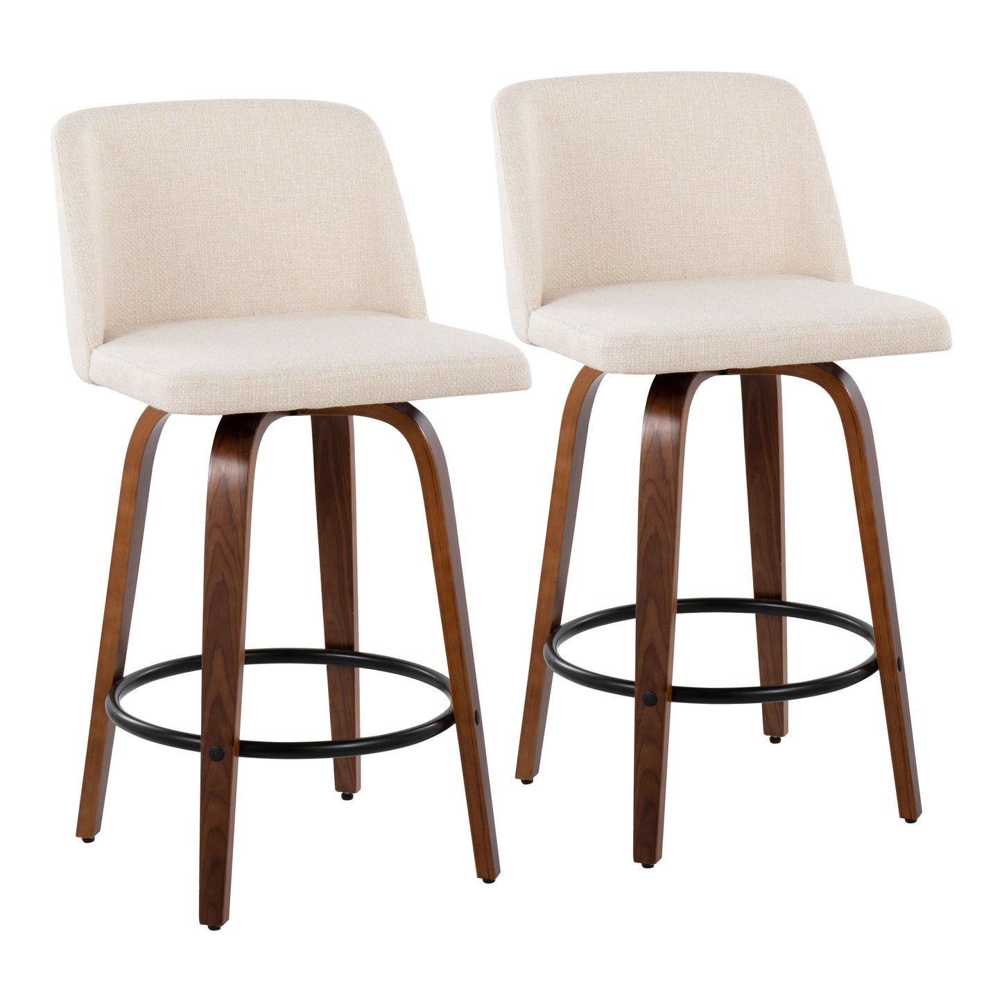 Marceline - Set of 2 – 26" Walnut Wood Counter Stools with Cream Upholstery and Black Round Footrest