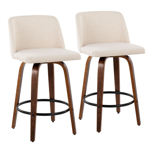 Marceline - Set of 2 – 26" Walnut Wood Counter Stools with Cream Upholstery and Black Round Footrest