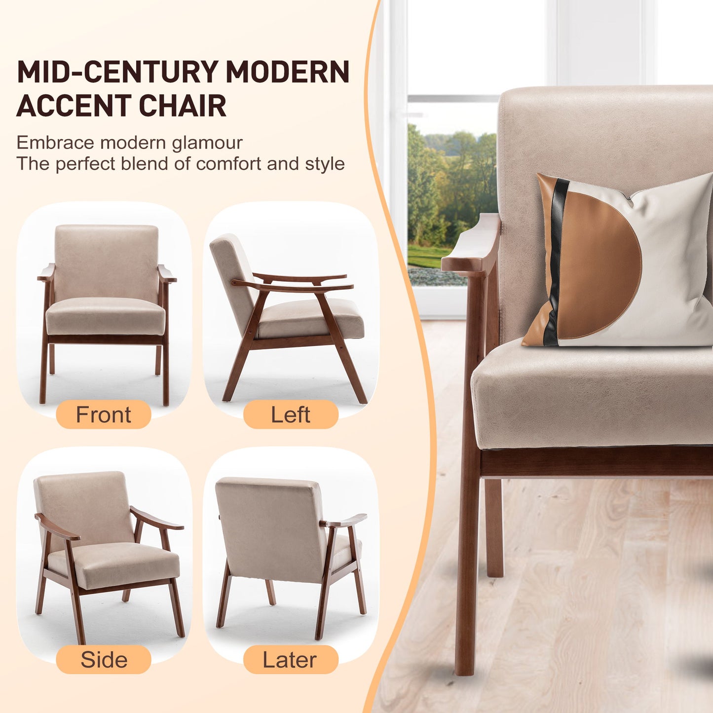 Mid Century Modern Accent Chair With Solid Wood Frame And Extra Thick Backrest