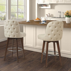 Nash - Set of 2 - 26" Natural Swivel Counter Stools with Tufted Back and Polished Silver Footrest