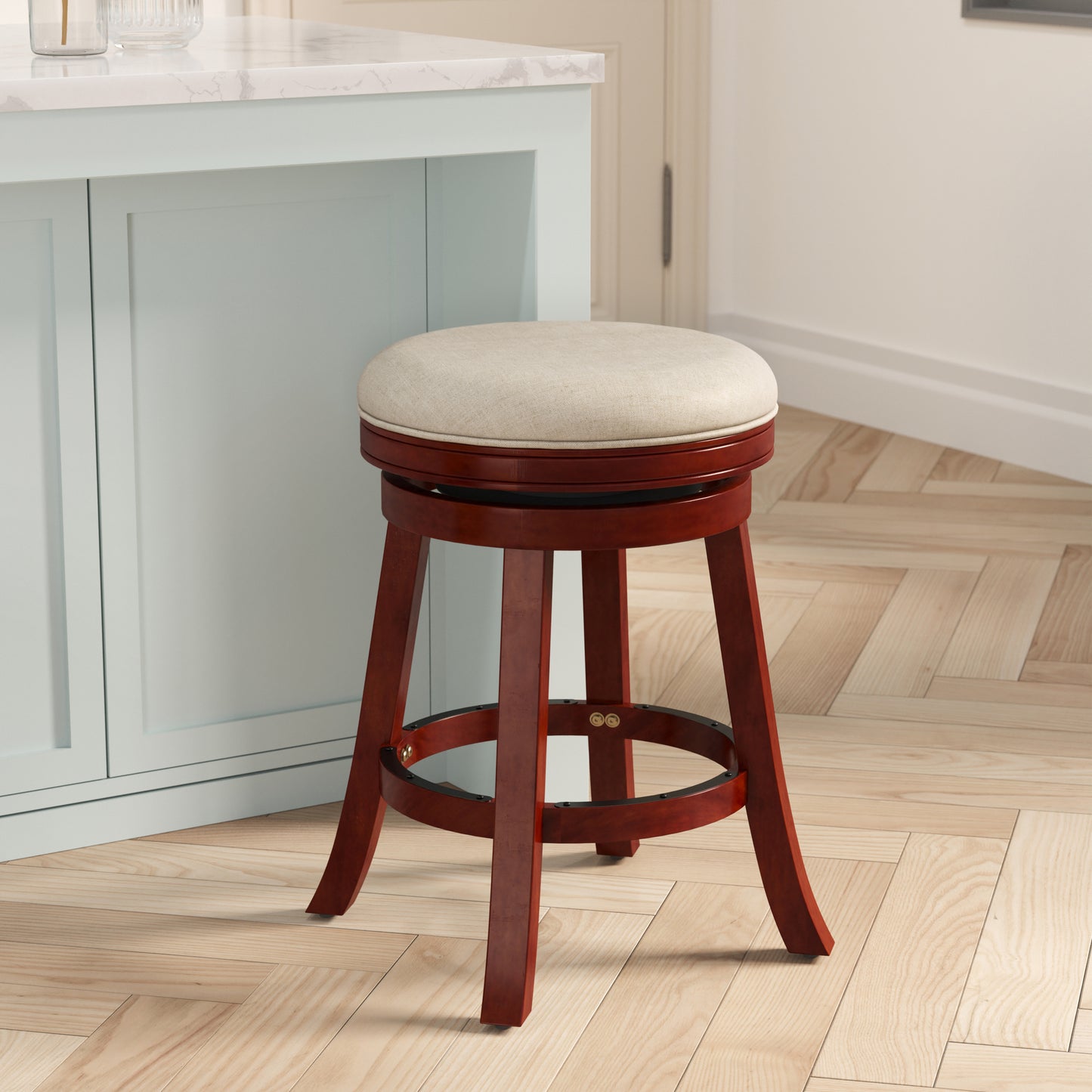 Morvain - Set of 2 - 24" Cherry Finish Counter Height Stools with Beige Fabric Swivel Seat