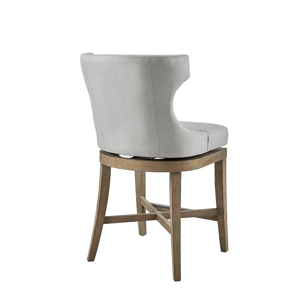 Regent - Set of 2 - 25" Light Grey Upholstered Wingback Counter Stools with 360° Swivel and Reclaimed Grey Wood Legs