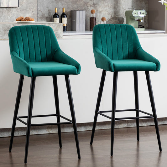 Harlano - Set of 2 - 24" Green Velvet Upholstered Bar Stools with High Back & Metal Legs