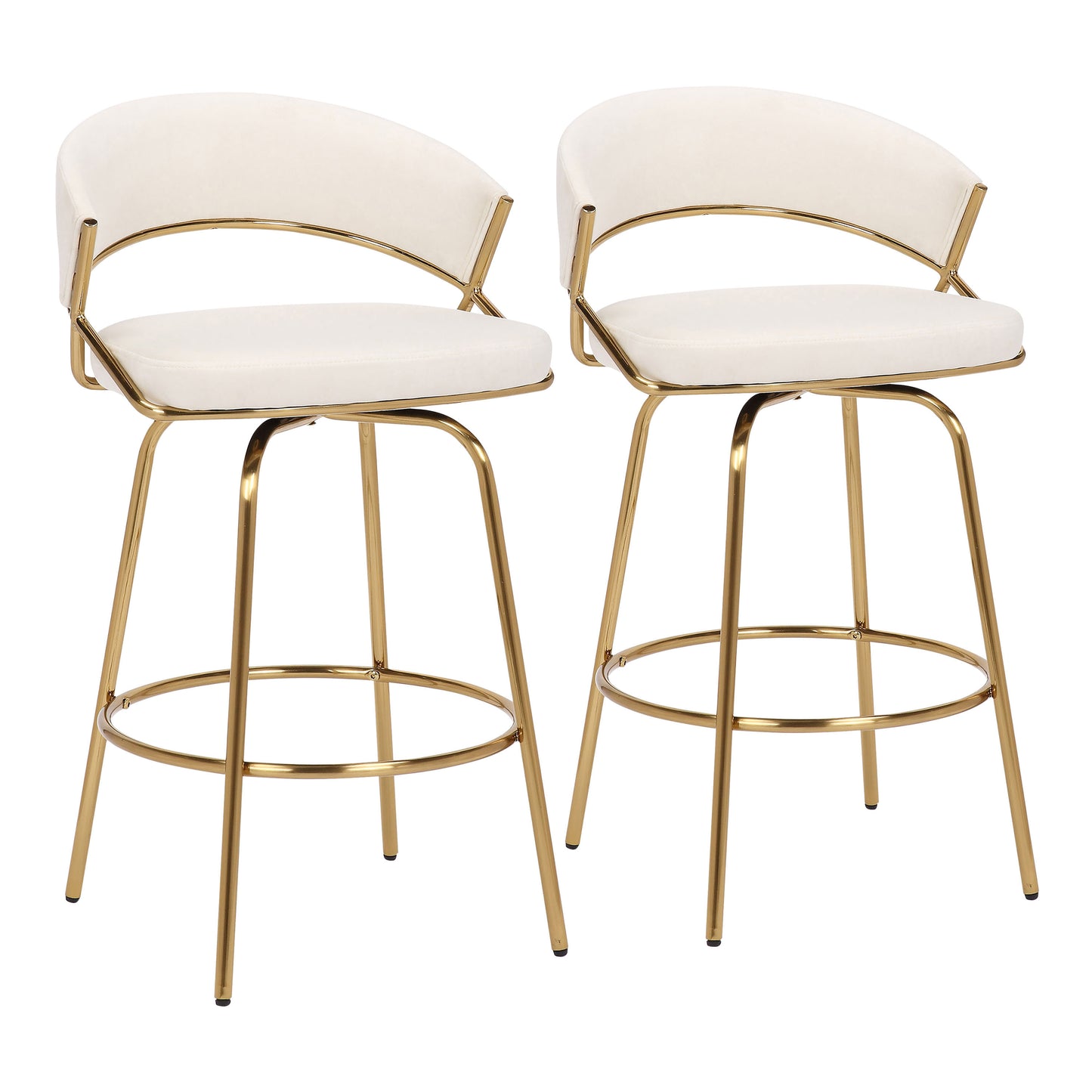 Latho - Set of 2 - 29" Gold Metal Frame Swivel Bar Stools with Cream Velvet Upholstery, Fixed Height