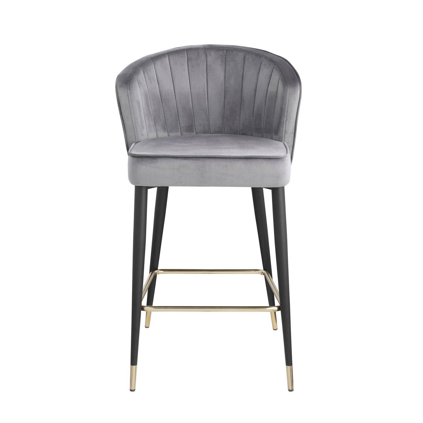 Sophia - Set of 2 - 26" Gray Velvet Upholstered Counter Height Stools with Deep Channel Tufting and Gold-Tipped Black Metal Legs