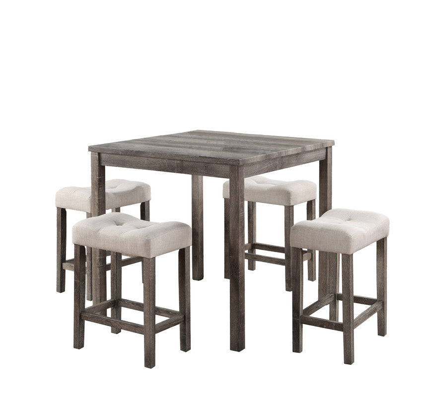 Lucille - Set of 5 - 36" Bronter wn CouHeight Pub Table with Creamy White Tufted Linen Stools