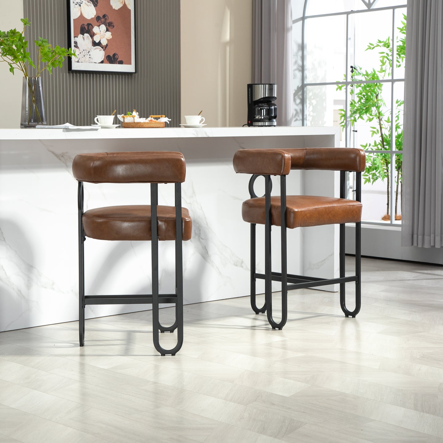 Liristh - Set of 2 - 24" Light Brown PU Upholstered Bar Stools, Modern Curved Backrest, Black Metal Legs